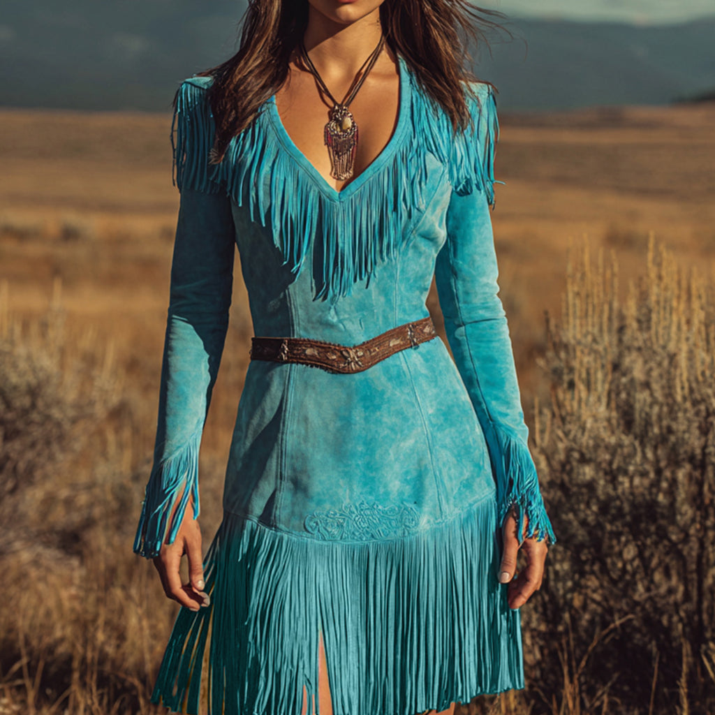 Ursime Western Suede Fringe V Neck Long Sleeve Mini Dress