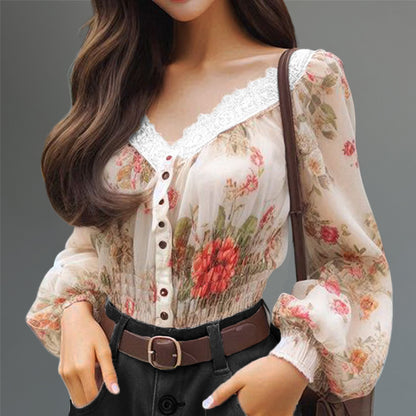 Elegant V Neck Floral Pattern Lantern Sleeve Button Blouse