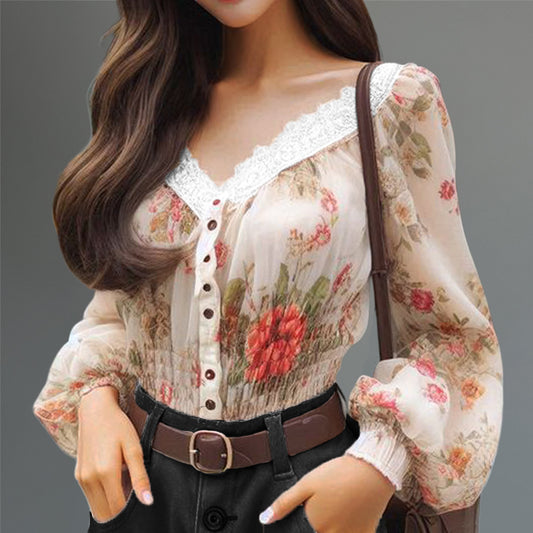 Elegant V Neck Floral Pattern Lantern Sleeve Button Blouse