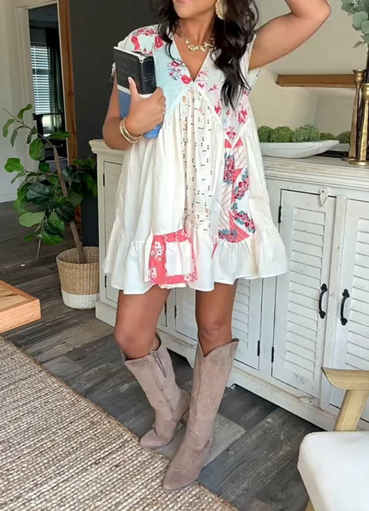 Floral Print V Necklace Patchwork Dress