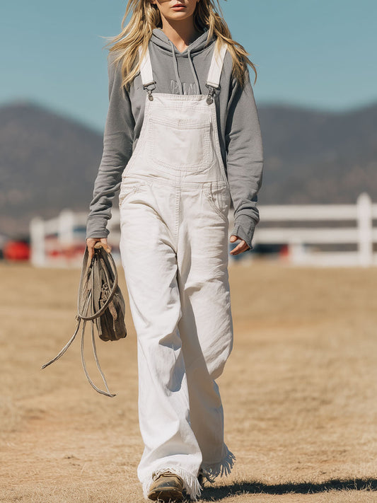 Western Retro White Denim Raw Edge Wide-Leg Overalls