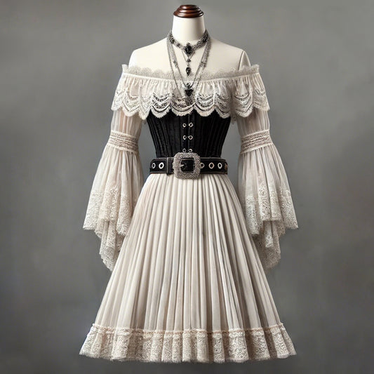 Ursime Vintage Lace Two Tone Off Shoulder Flare Sleeve Midi Dress