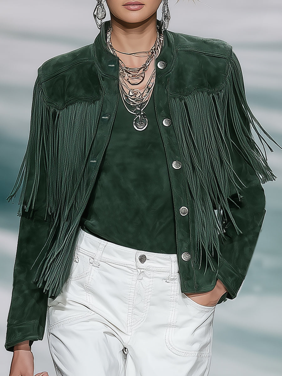 Vintage Western Button Dark Green Suede Fringe Blazer