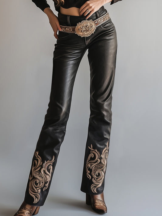 Ursime PU Leather Embroidery High Rise Straight Pants