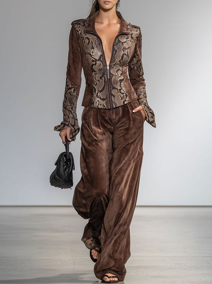 Vintage Snake Print Cocoa Brown Velvet Zip-Up Jacket And Trousers Set