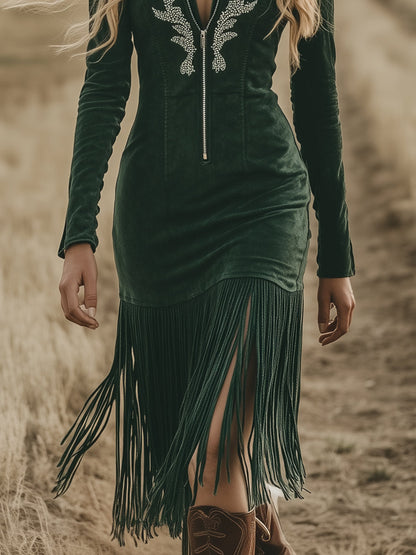 Retro Casual Embroidered Dark Green Long-sleeved Tassel Midi Dress