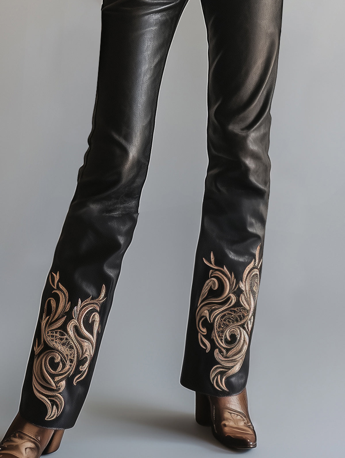 Ursime PU Leather Embroidery High Rise Straight Pants