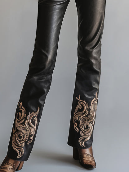 Ursime PU Leather Embroidery High Rise Straight Pants