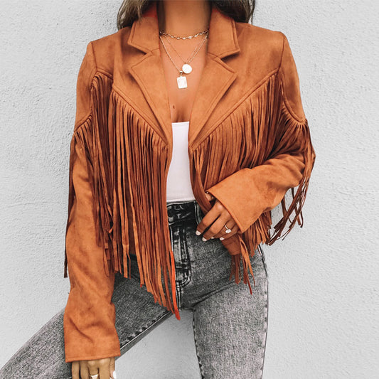 Western Suede Notch Lapel Fringe Long Sleeve Jacket