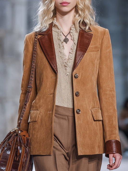 Vintage Western Style Brown Leather Collar Faux Suede Blazer