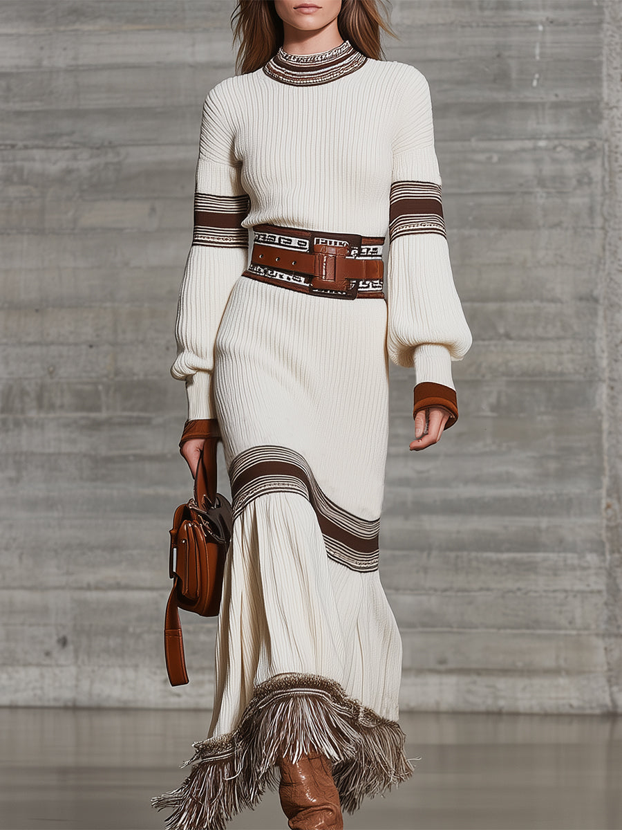 White And Brown Round Neck Hem Tassel Woolen Maxi Dress
