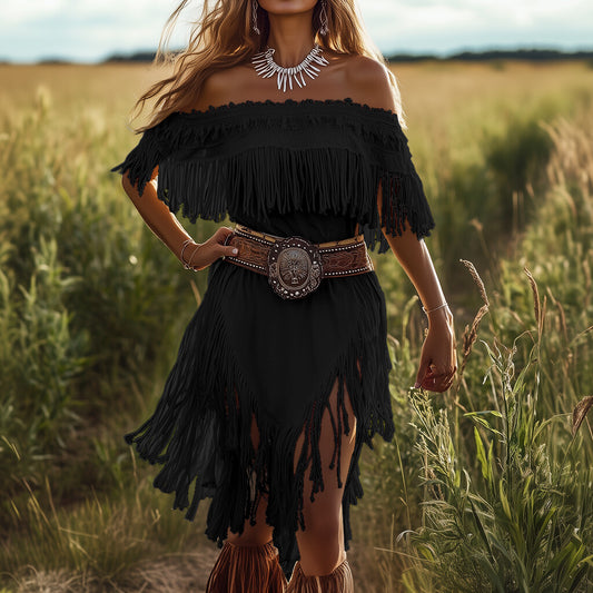 Ursime Off The Shoulder Fringe Irregular Hem Midi Dress