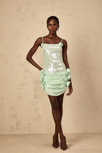 Élise green sequin-embellished floral mini dress