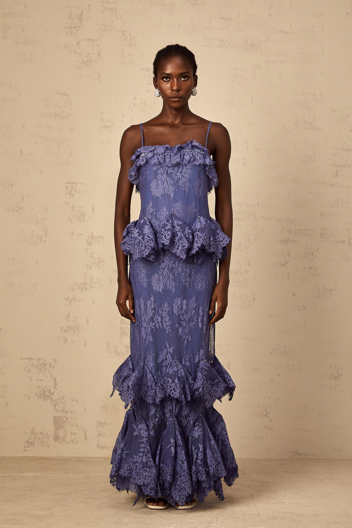 Héloïse Purple Floral Lace Ruffled Maxi Dress