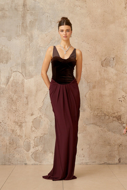 Ariane burgundy velvet-panel shirred maxi dress