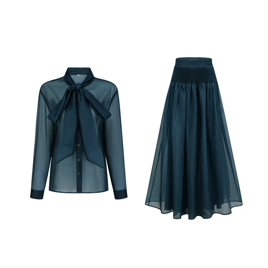 Zoé dark-green ribbon tie-neck shirt & skirt matching set