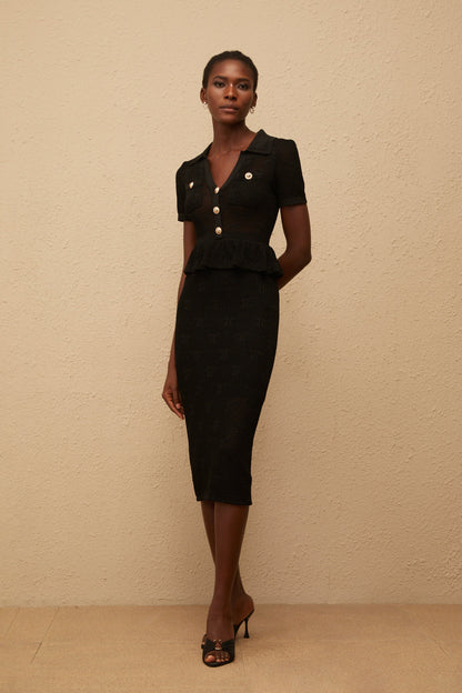 Theodora Black Crochet Knit Midi Dress
