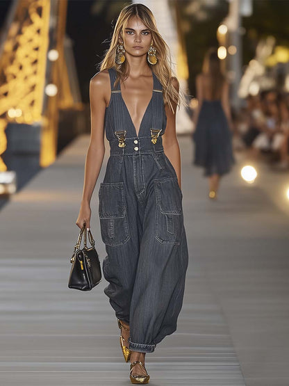 【24-hour shipping out】Fashion Personality Loose V-neck Suspender Denim Jumpsuit