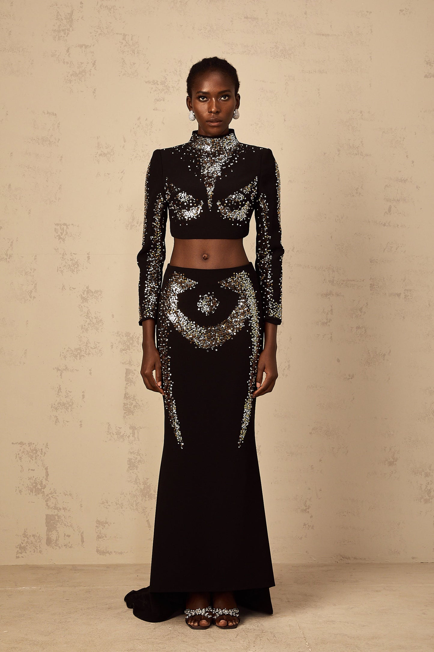 Mahault Black Sequin Embellished Top & Skirt Set