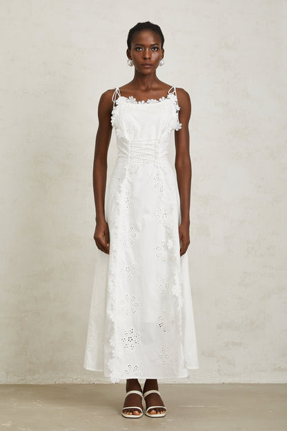 Nevaeh White Sleeveless Floral Embroidered Maxi Dress