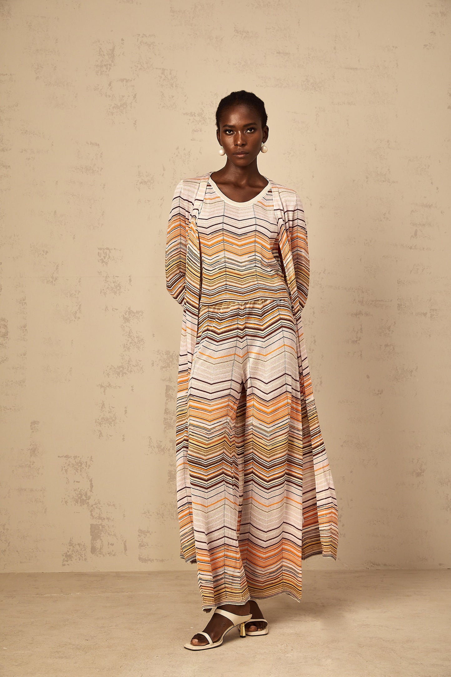 Chloé Neutral Striped Knit Long Cardigan