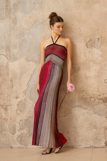 Ulysse Red Metallic Knit Halterneck Maxi Dress