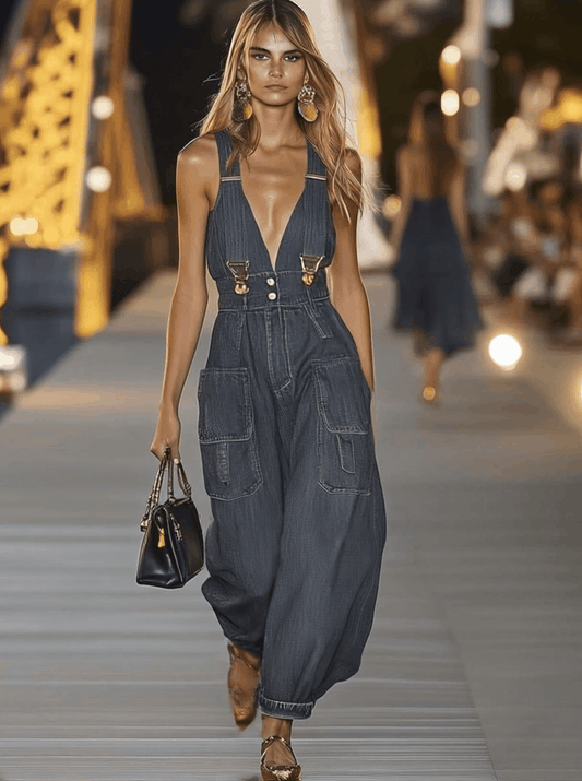 【24-hour shipping out】Fashion Personality Loose V-neck Suspender Denim Jumpsuit