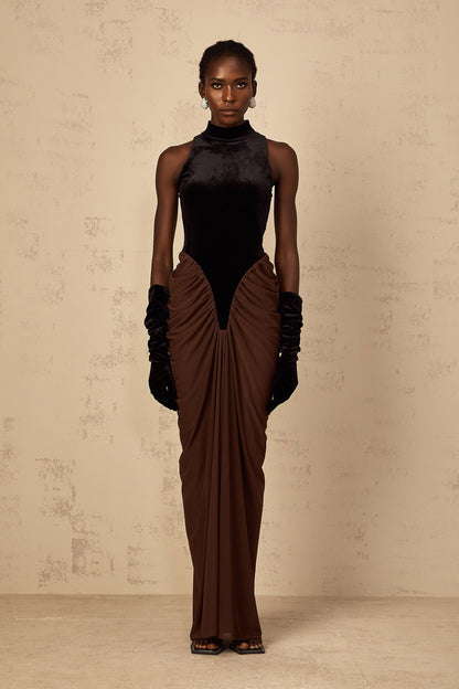 Mathilde brown velvet-panel ruched maxi dress