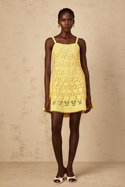 Isoline Yellow Flared Crochet Knit Mini Dress