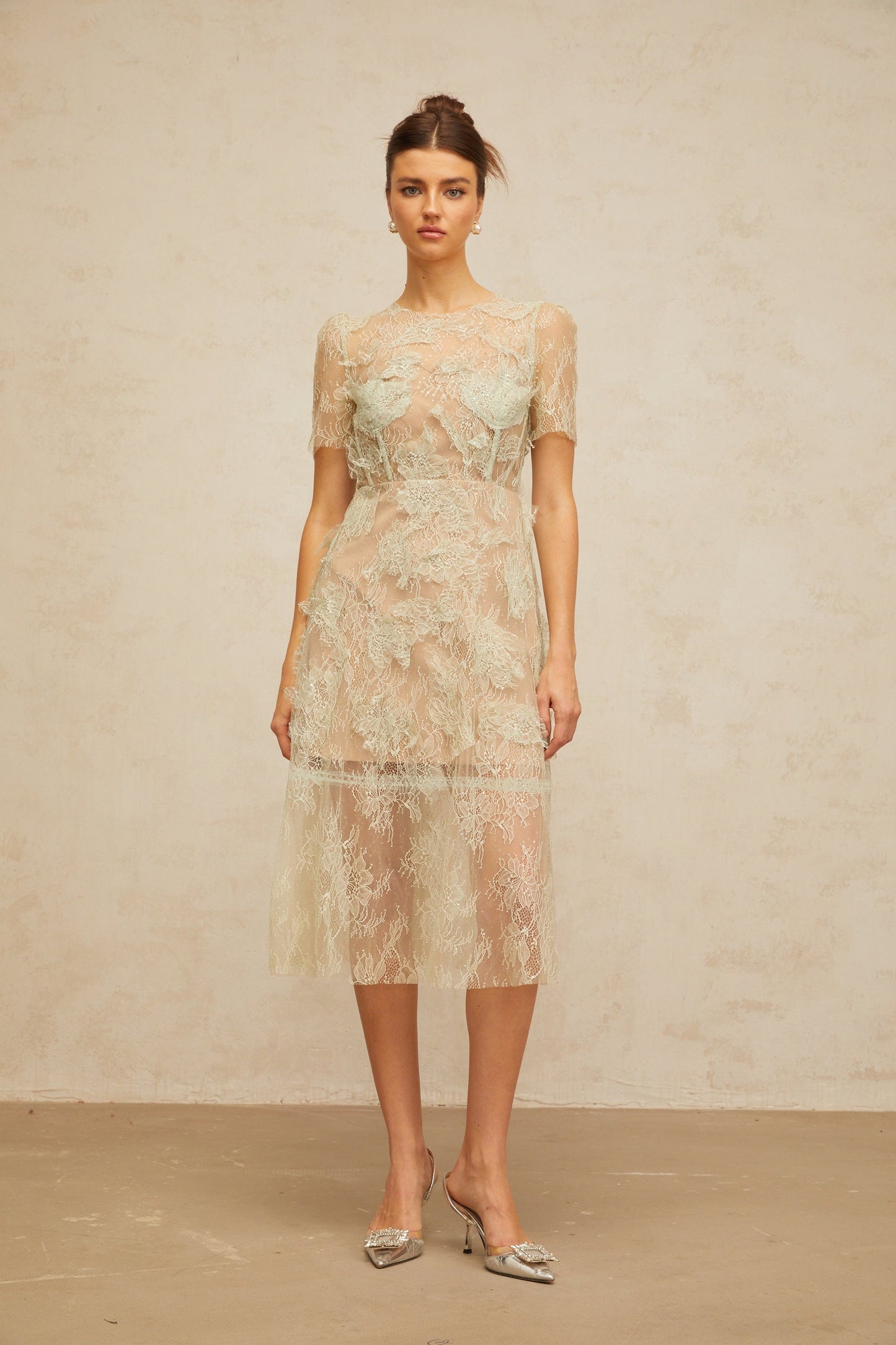 Xaviera mint-green floral-lace midi dress