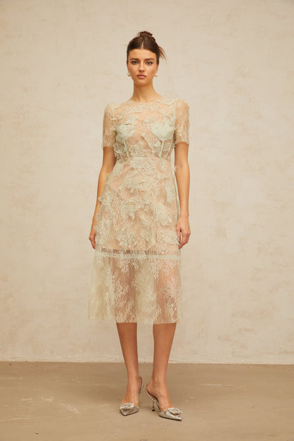 Xaviera mint-green floral-lace midi dress