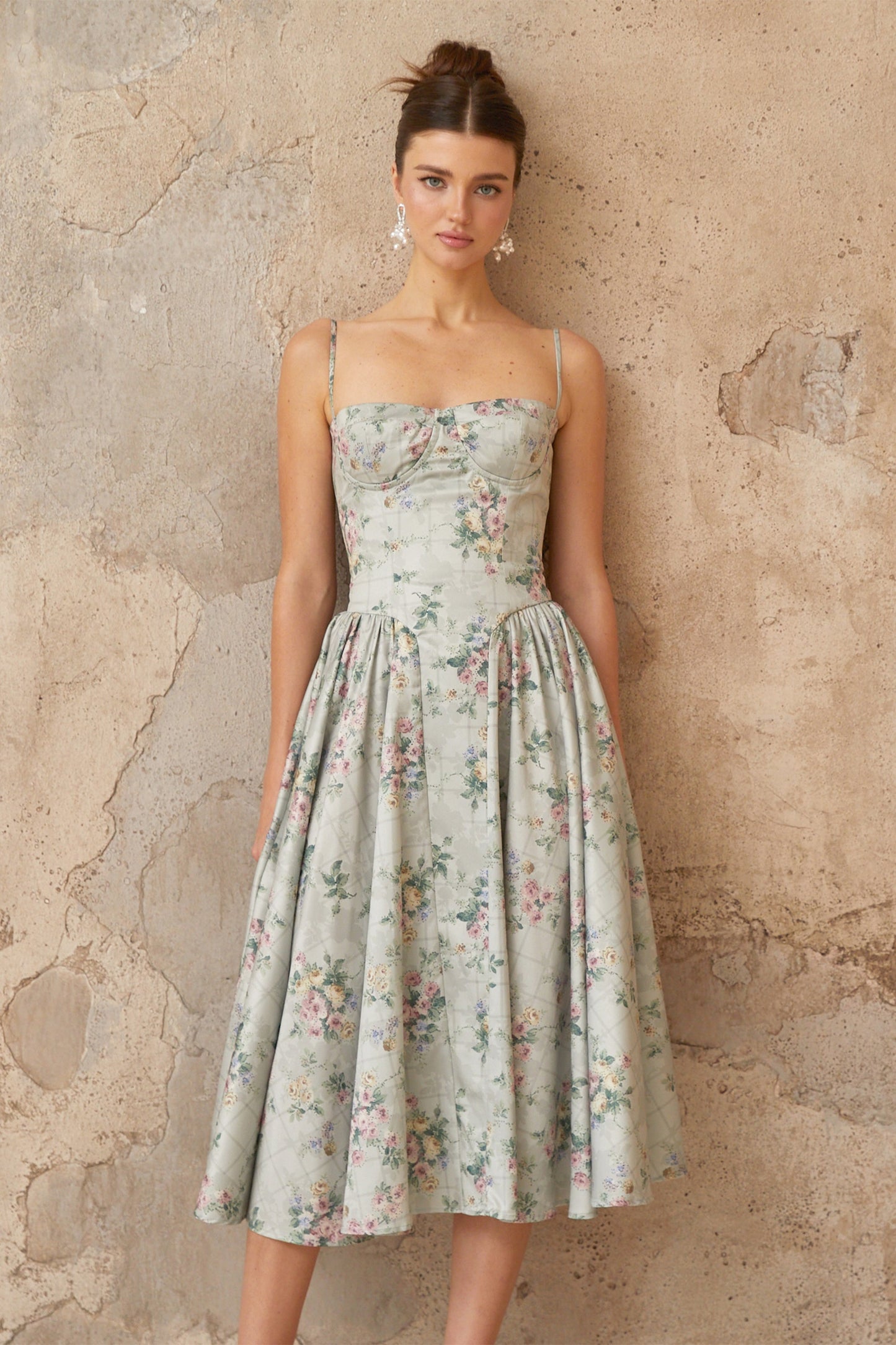 Prunelle sage-green floral-print shirred midi dress