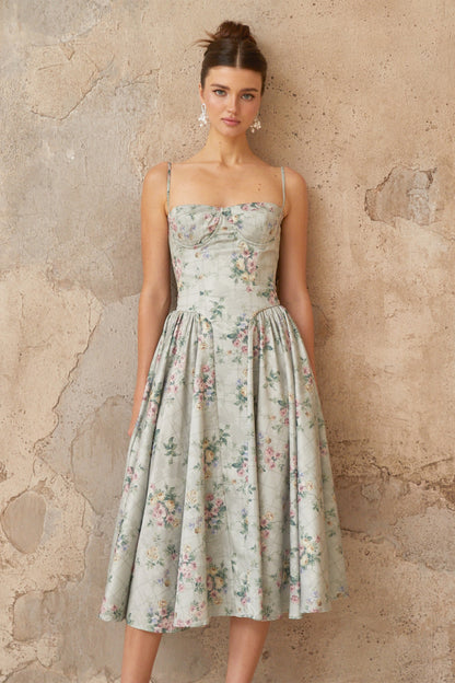 Prunelle sage-green floral-print shirred midi dress