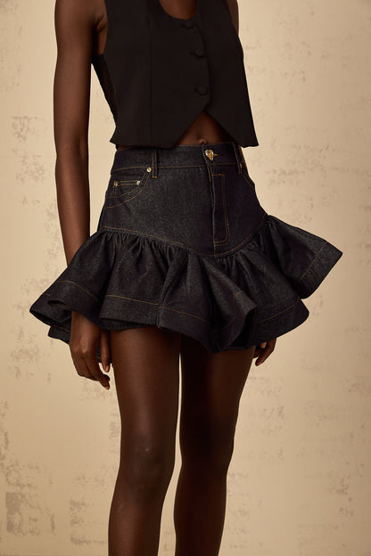 Florence Indigo Blue Ruffled Denim Mini Skirt