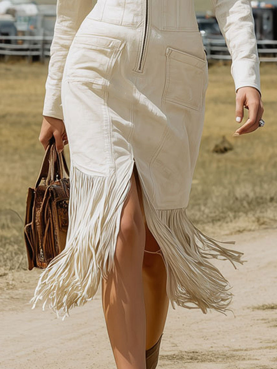 Western Retro White Denim Zipper Tassel Long Sleeve Midi Dress