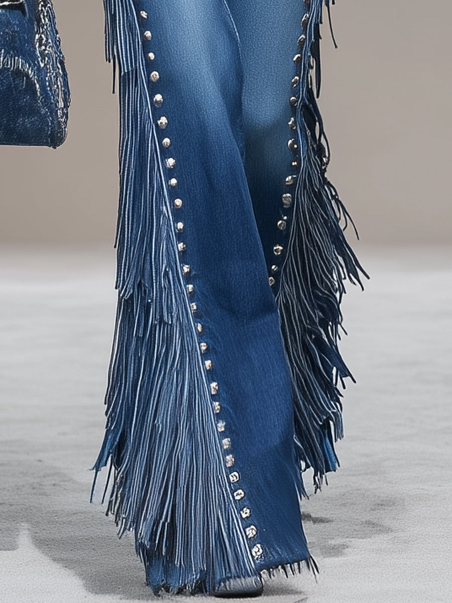 Western Blue Denim Side Tassel Rivet Flared Pants