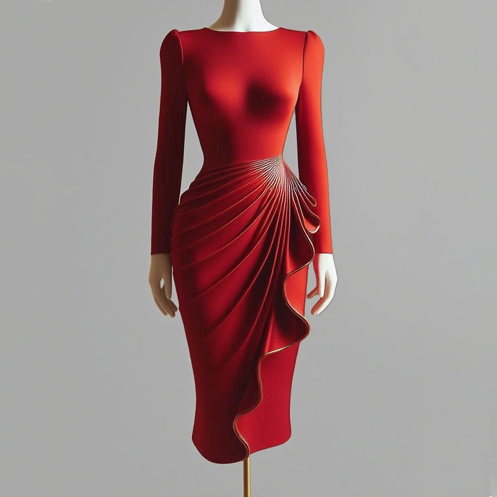 Ursime Elegant Long Sleeve Draped Ruffles Bodycon Midi Dress