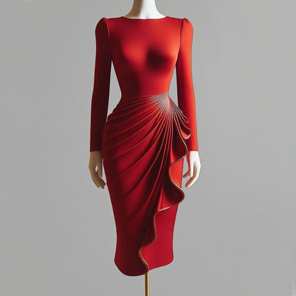 Ursime Elegant Long Sleeve Draped Ruffles Bodycon Midi Dress