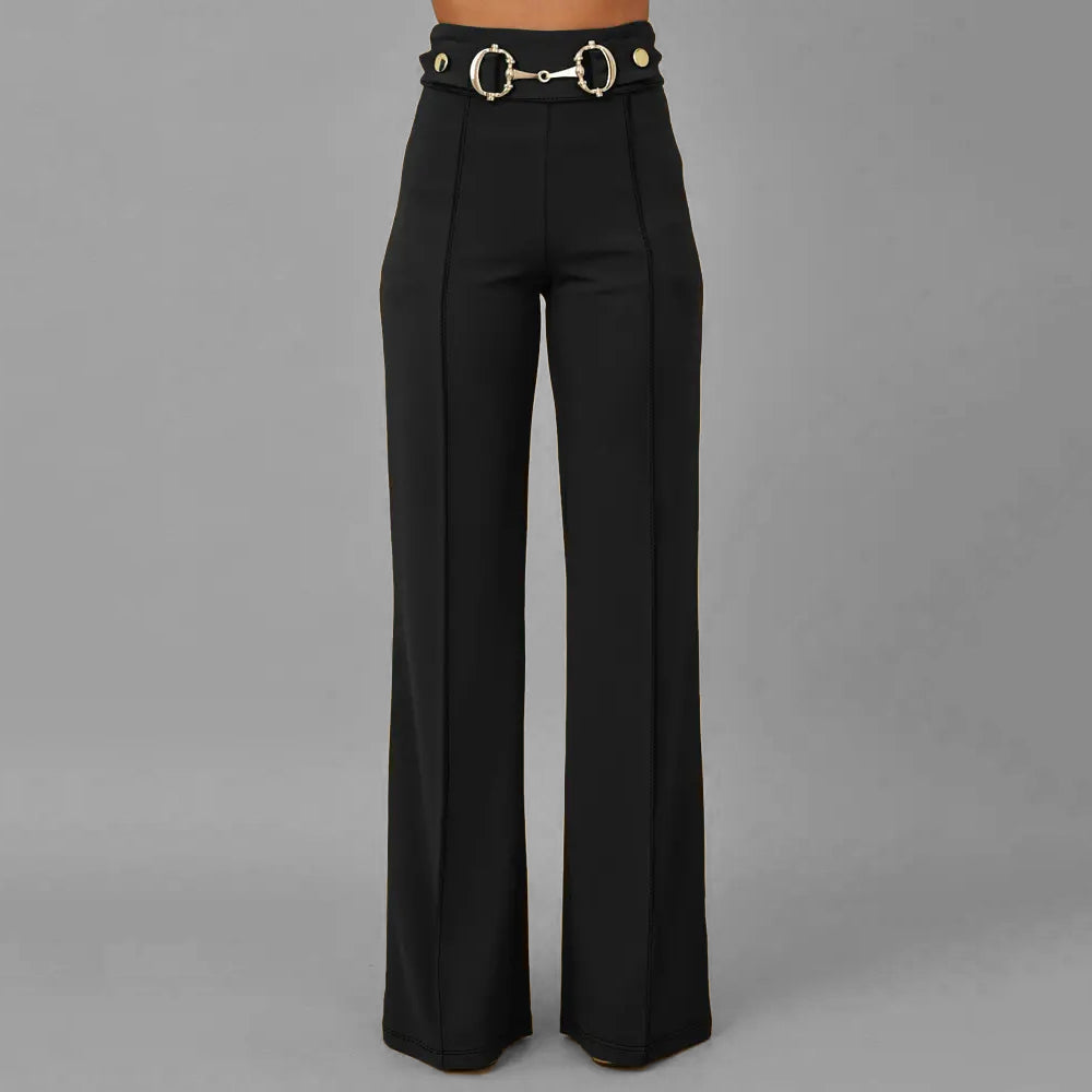 Formal Metal Buckle Decor High Rise Straight Leg Pants