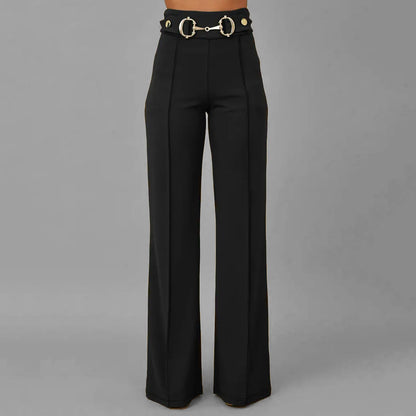 Formal Metal Buckle Decor High Rise Straight Leg Pants