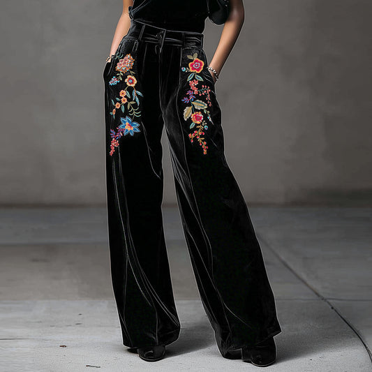 Ursime Velvet Floral Embroidery High Waist Pocket Wide Leg Pants