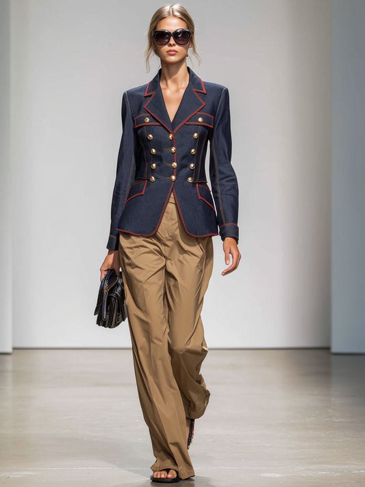 Vintage Red Trim Navy Blue Denim Three-Button Blazer