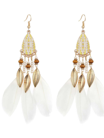 Retro Feather Decor Beaded Dangle Earrings