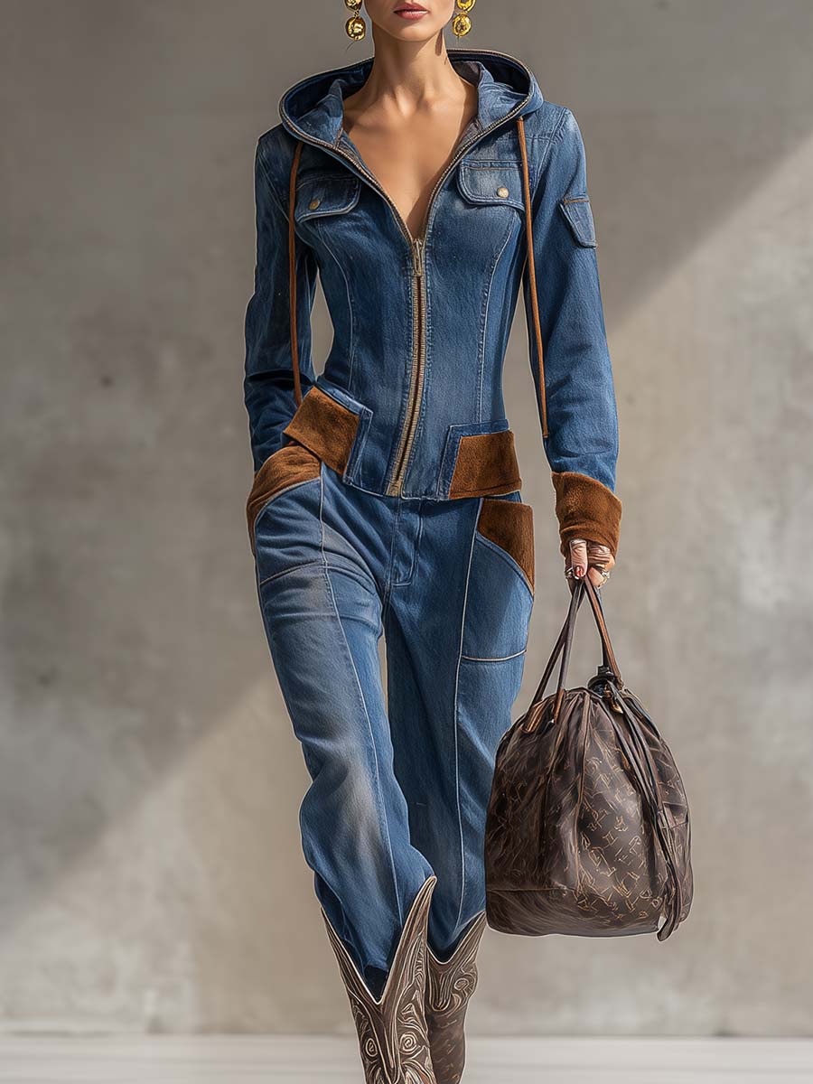 Vintage Western Suede And Blue Denim Hooded Zip-Front Jacket And Pants Set