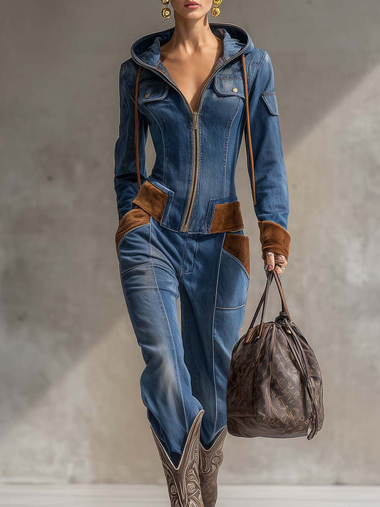 Vintage Western Suede And Blue Denim Hooded Zip-Front Jacket And Pants Set