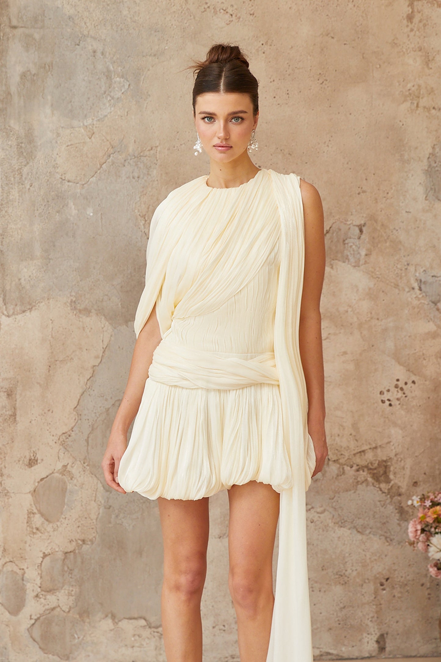 Cyrielle Pleated Mini Dress with Ribbon Design Accent