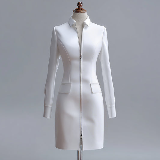 Ursime Shirt Collar Long Sleeve Two-Way Zipper PU Midi Dress
