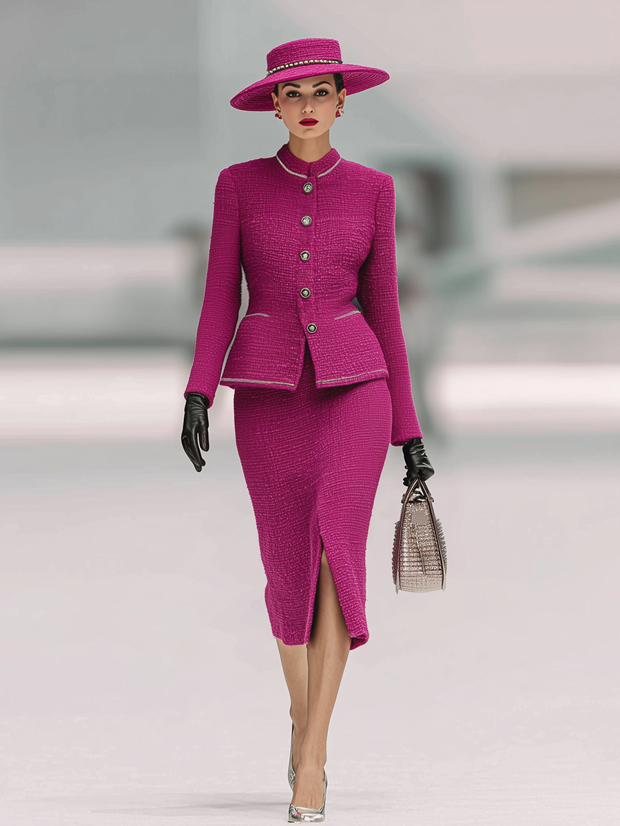 Vintage Tweed Stand Collar Jacket And Skirt Set