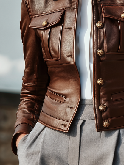 Vintage Metal Button Pocket Eco-Leather Jacket