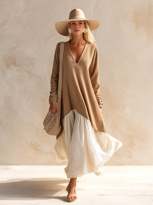 Casual Loose Khaki Colorblock Off-white Textured Long-sleeved Maxi Dress